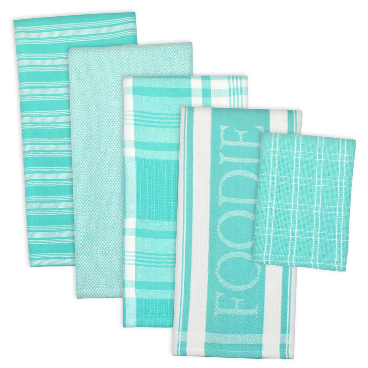 CC Home Furnishings Foodie Cotton Dish Towels and Dish Cloth - 28" - Teal and White - Set of 5
